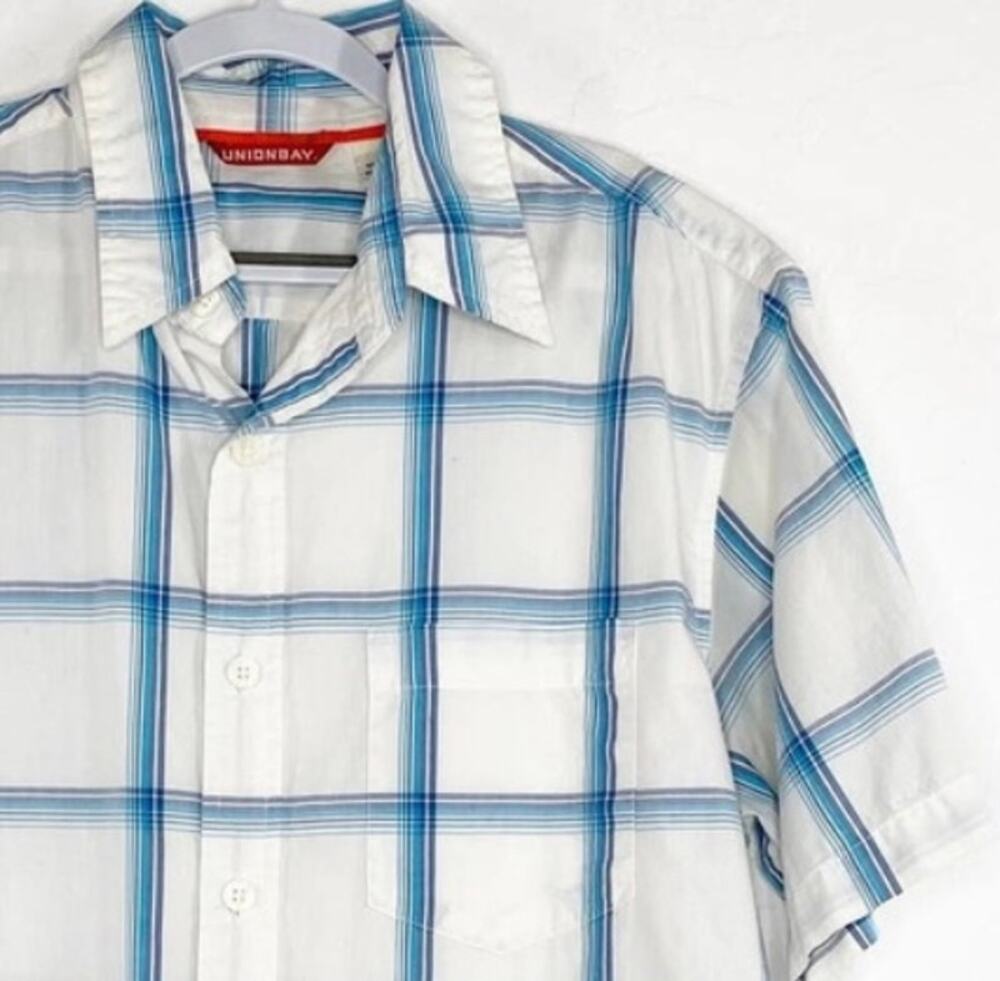 Boys UnionBay Short Sleeve Button-up Shirt White Blue Plaid Medium